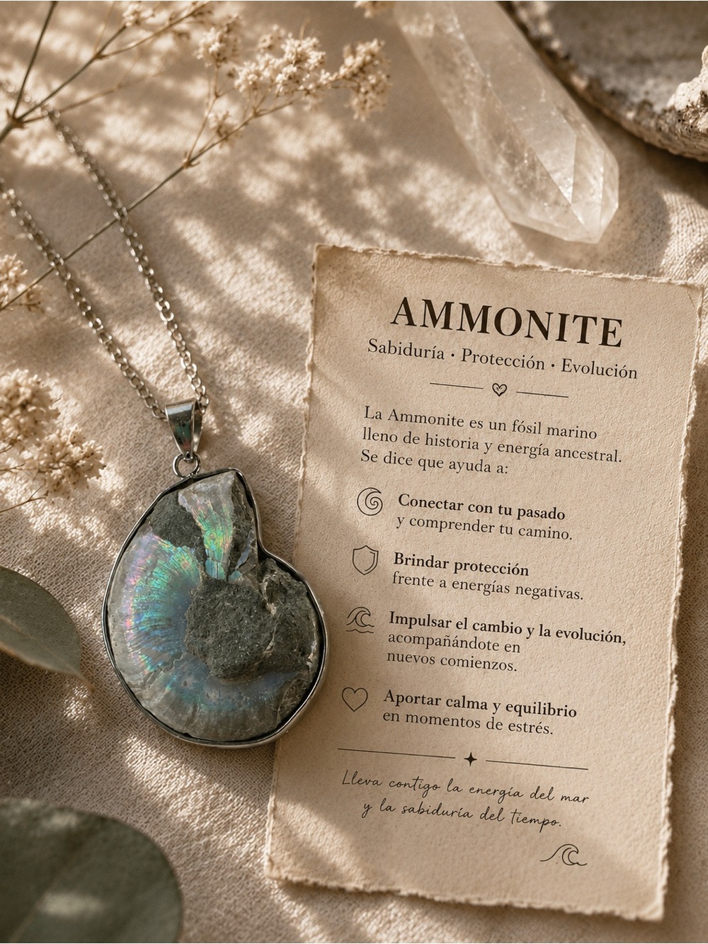 Silver Ammonite Pendant Necklace with Iridescent Blue-Green Shell